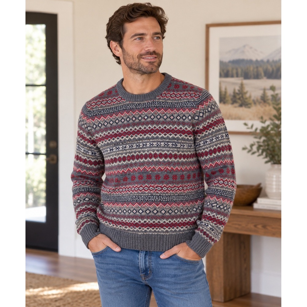 RESERVED Fair Isle Knit Sweater Mens XL Gray Red Blue Wool Blend‎ Long Sleeve